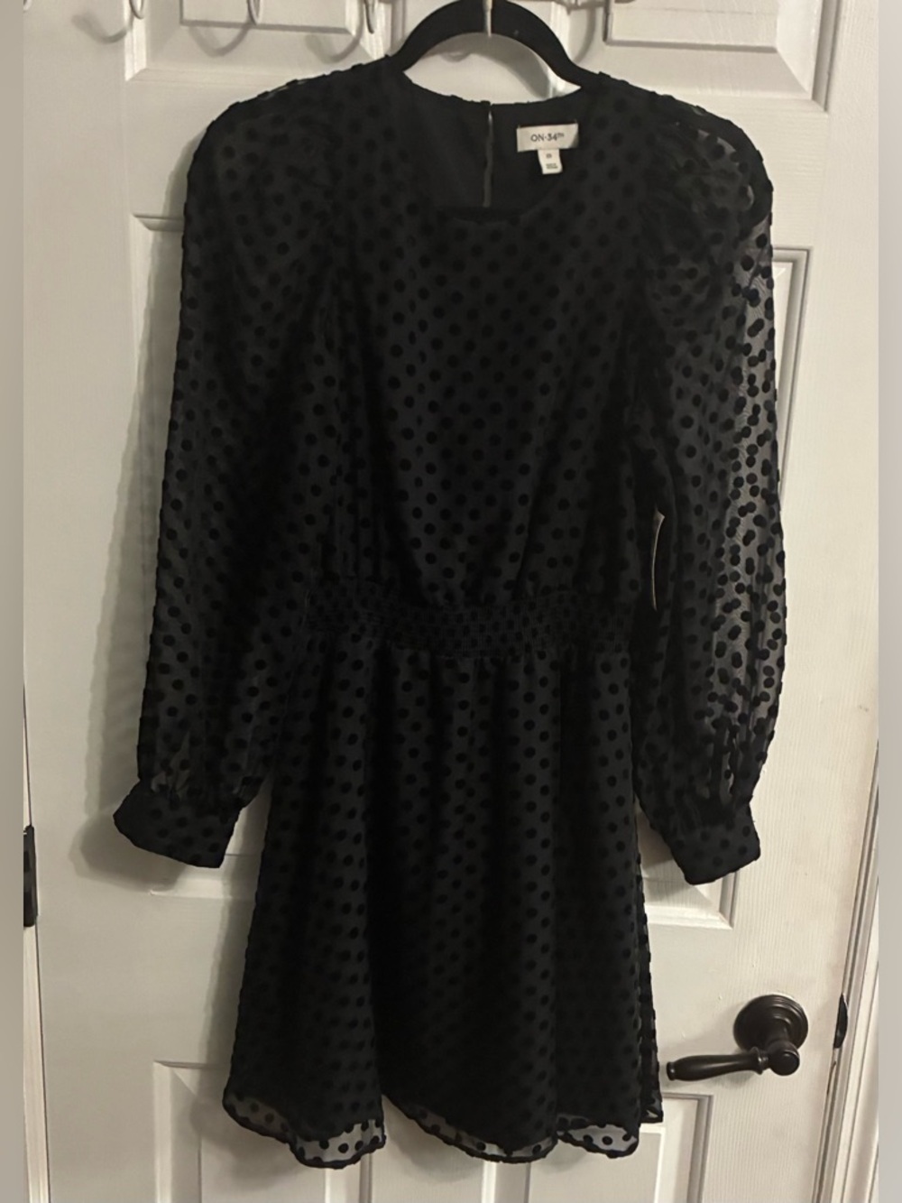 ON 34th Black Polka-Dot Long Sleeve Smocked Waist Dress